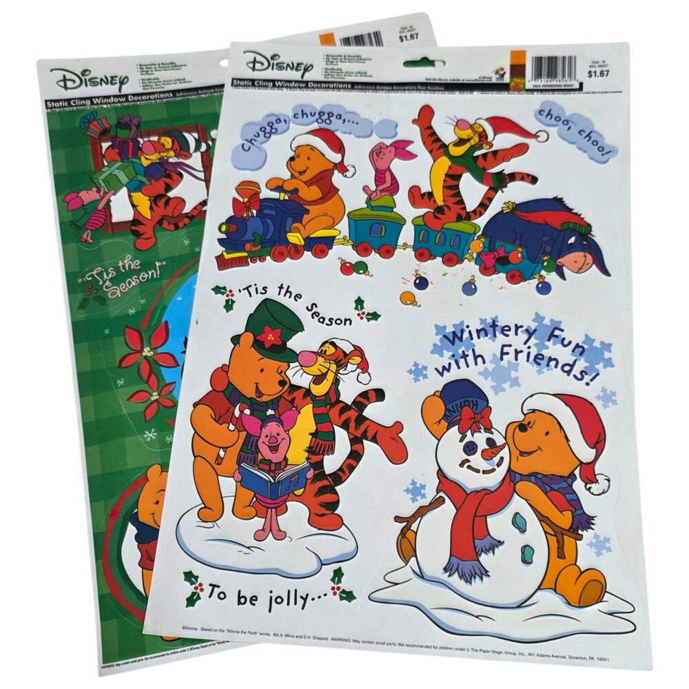 Vintage Disney Winnie the Pooh Christmas Static Cling Window Decorations 2 Sheet